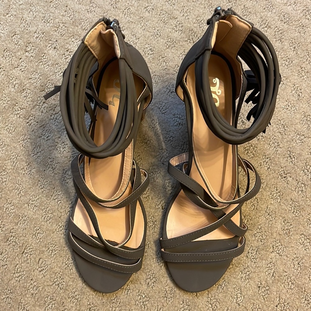 Grey Strappy High Heels - Block Heel